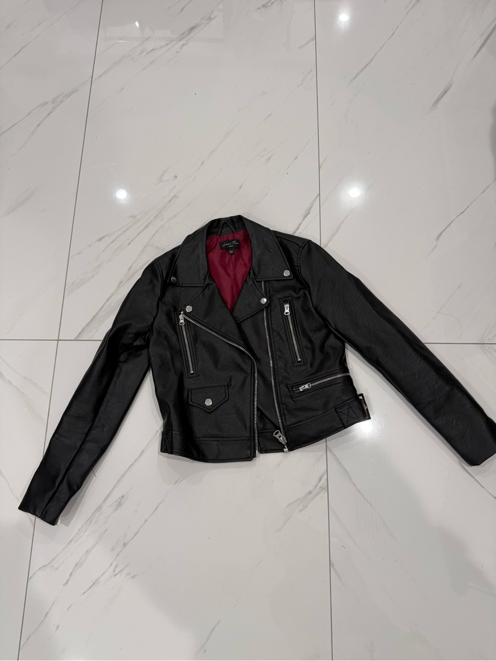 Love Tree Black Faux Leather Moto Jacket with Wine Lining